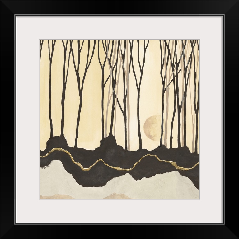 Square painting of a contemporary landscape with thin trees and layers of soil, in neutral colors.