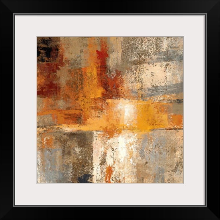 Contemporary abstract painting of multiple colors overlapping with distressed and eroded areas.