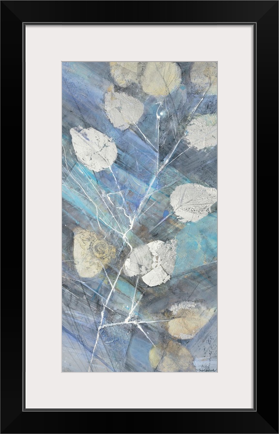 Contemporary artwork of silver leaves against a blue toned background.