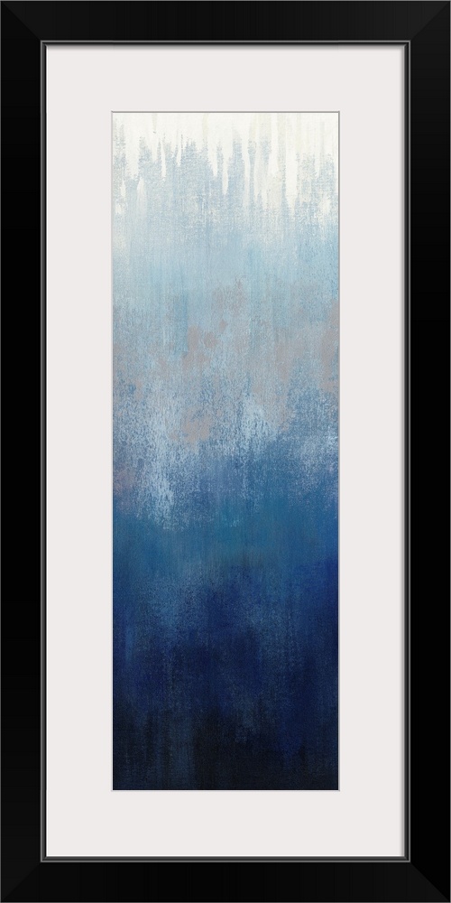 Abstract panel painting in shades of gray and blue getting darker towards the bottom.