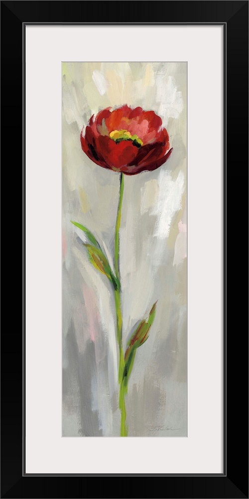 Long vertical contemporary painting of a red poppy with brush stoke textured background.