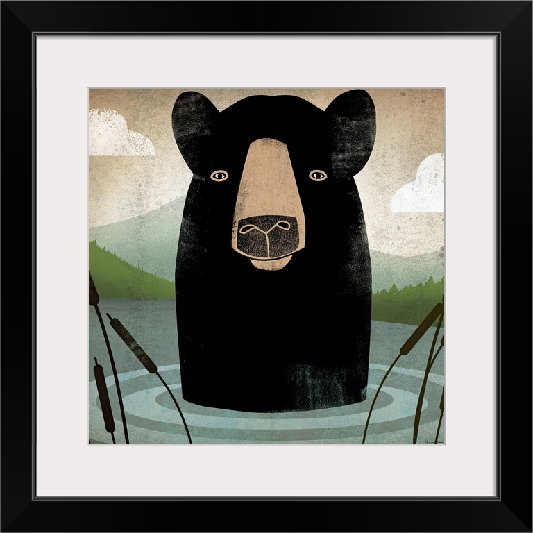 Giant, square, contemporary artwork of an illustrated bear sticking its head out of the water, surrounded by cattails and ...