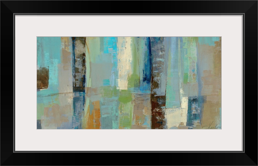 Large abstract canvas art incorporates lots of rectangles, squares and mellow tones with rough edges.