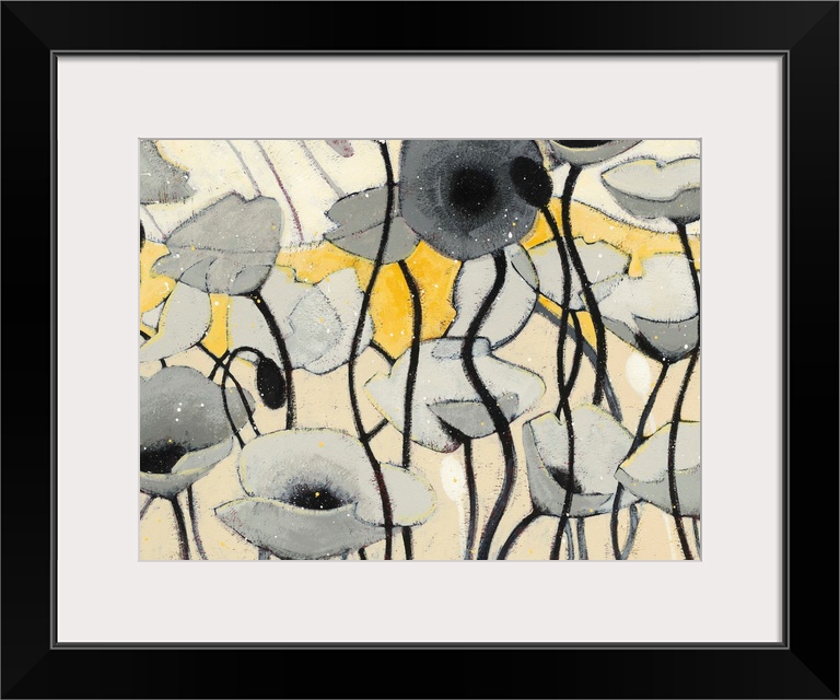 A contemporary painting of gray poppies against a background of multi-yellow tones.