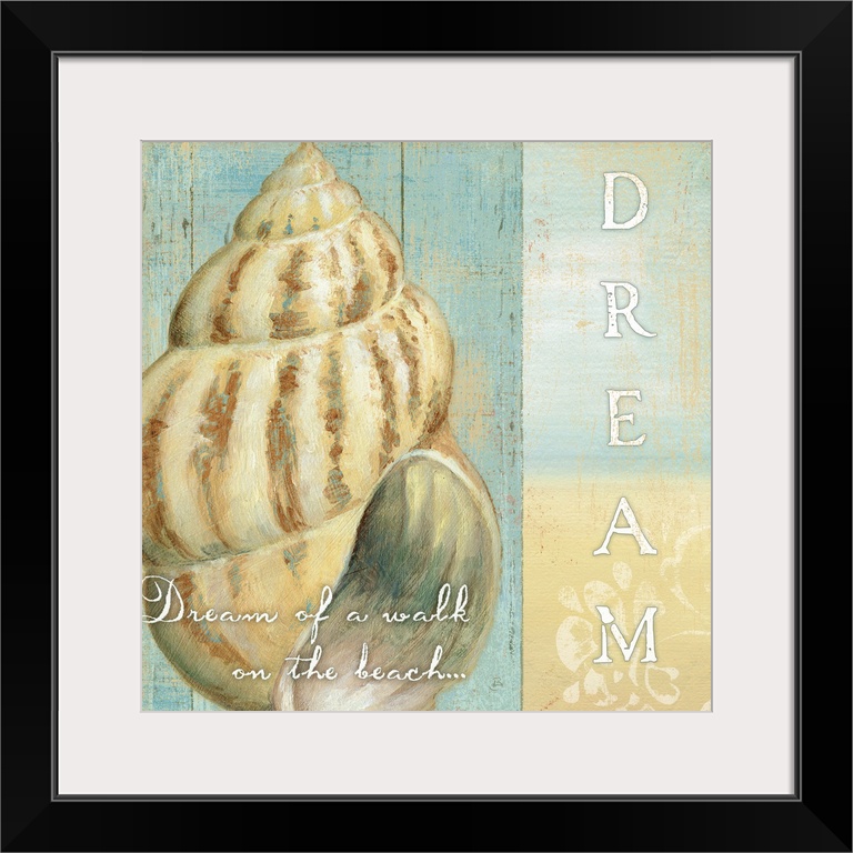 Square, beach themed home art docor of a large shell on the left side against a wood textured background, text below the s...