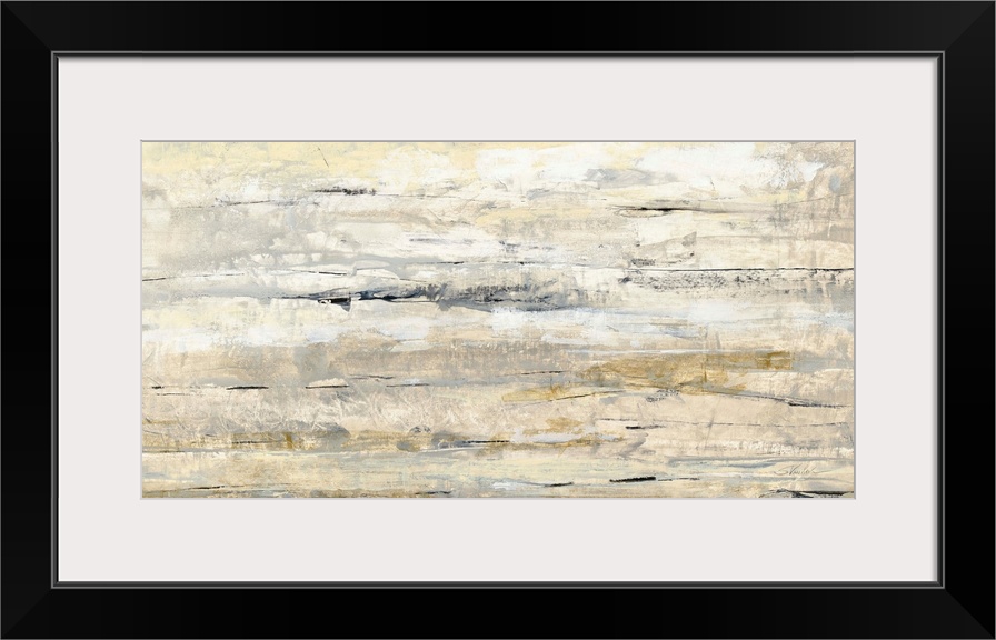 Abstract painting with neutral colors running horizontally across and pops of gold.