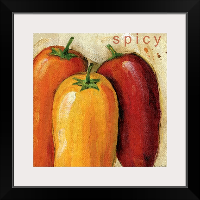 Painting on canvas of different colored peppers with smooth brush strokes.