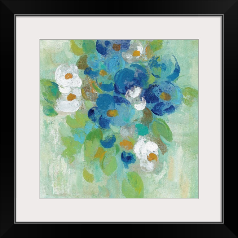 Contemporary painting of blue, green and white flowers against a bright green background.