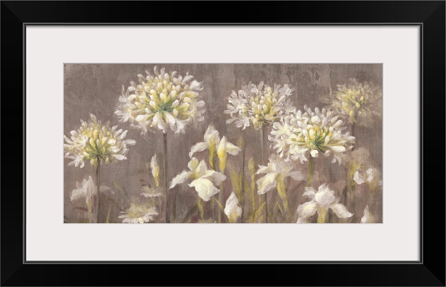Contemporary painting of blooming white flowers in a garden.
