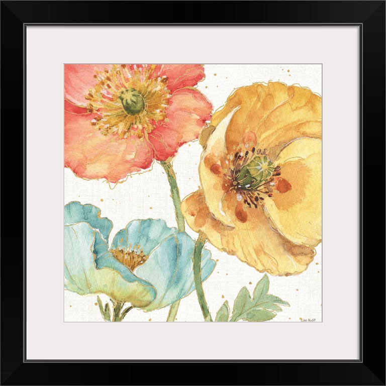 Contemporary painting of bright blooming flowers in light blue, yellow, and red.