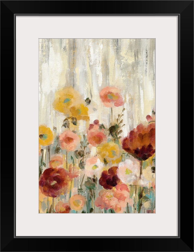 Painting of multi-colored blooming flowers in a garden with streaks of neutral tones in the background.