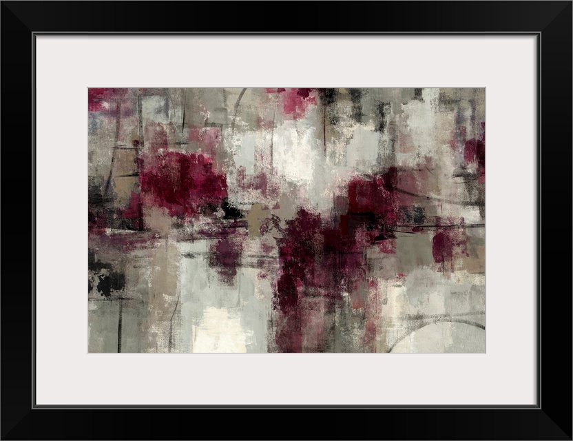 Abstract painting with dry brush strokes and patches of maroons on a neutral textured background.
