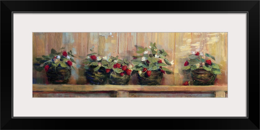 Long canvas painting of strawberry plants in pots on a wooden shelf.