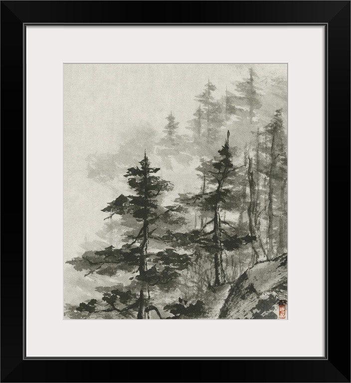 Contemporary ink painting of a forest shrouded in fog.