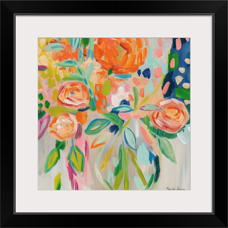 Abstract square painting of a bouquet of flowers in bold shades of orange.