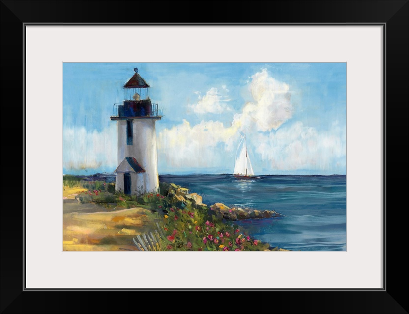 Peaceful contemporary artwork of a lighthouse on the coast with a small fence and flowers, a sailboat in the ocean on the ...