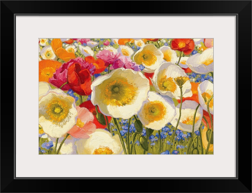 Close up nature painting of different floral plants and poppies. Horizontal wall art for the living room or kitchen.