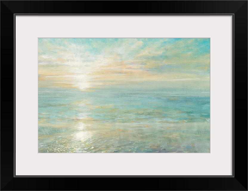 Contemporary artwork of the sun rising over a calm ocean.