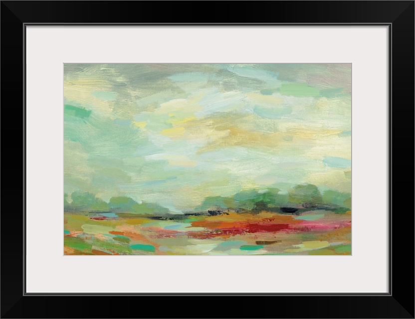 Colorful abstract landscape resembling a field at sunrise created with small horizontal brushstrokes.