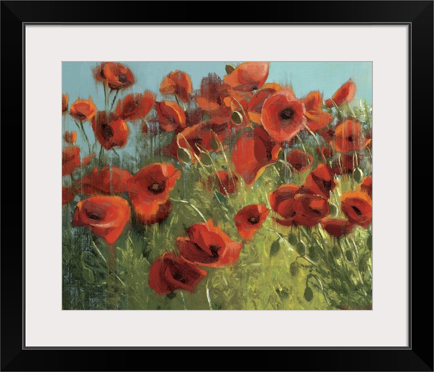 Landscape, floral painting of many vibrant poppies in a grassy field against a blue sky.