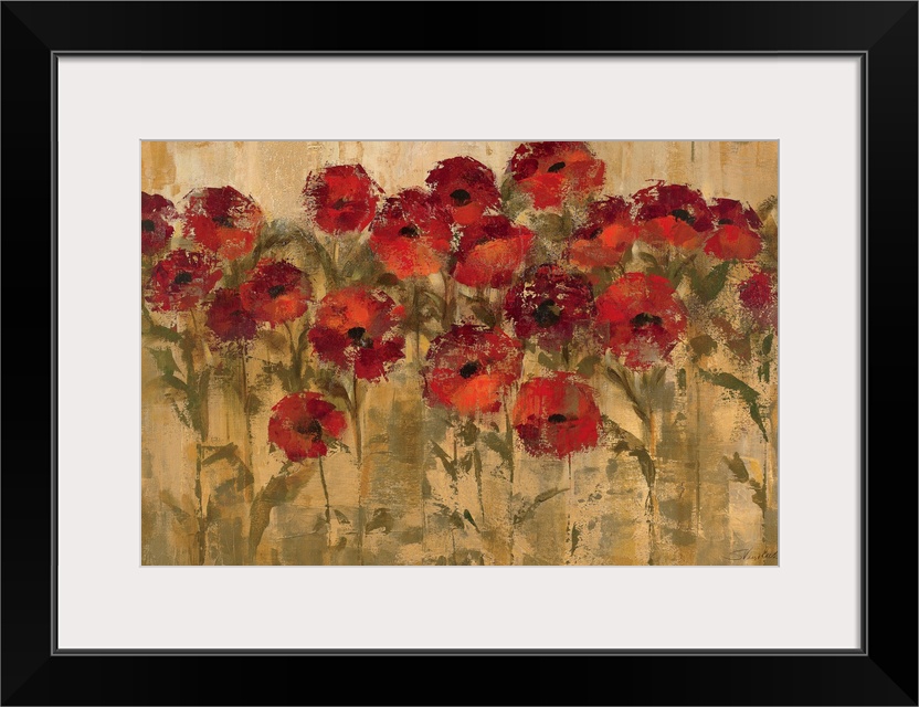 Large wall art of circular warm flowers against a grungy earth toned background.