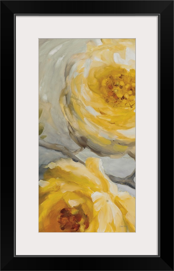 Vertical contemporary painting of large yellow flowers against a gray backdrop.
