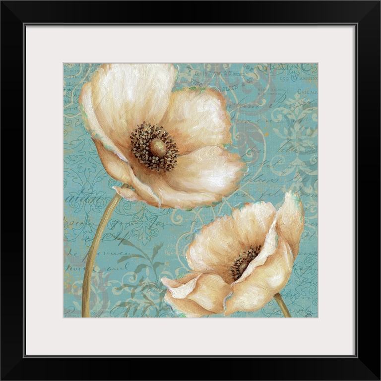 Big floral art emphasizes a close-up of two flowers in front of a muted backdrop filled with intricate designs and text