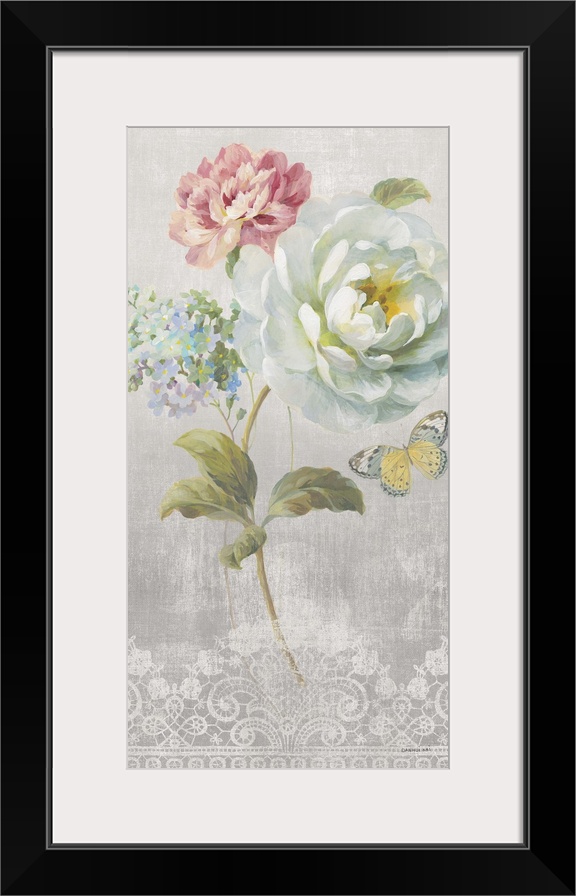 Contemporary artwork of soft flowers against a gray and ornately patterned background.