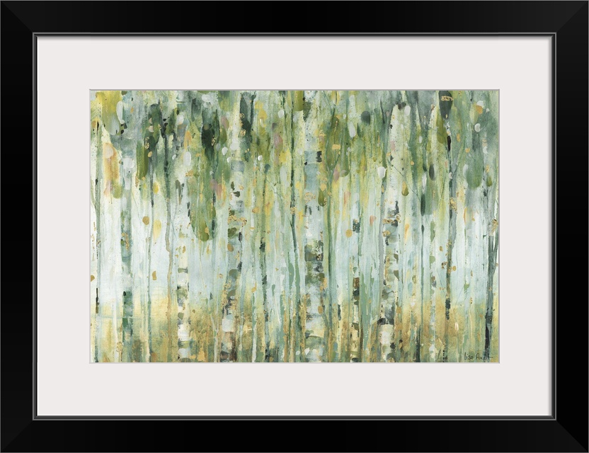 Horizontal contemporary abstract painting with lines of green, blue, yellow, and gold hues running vertically on the canva...