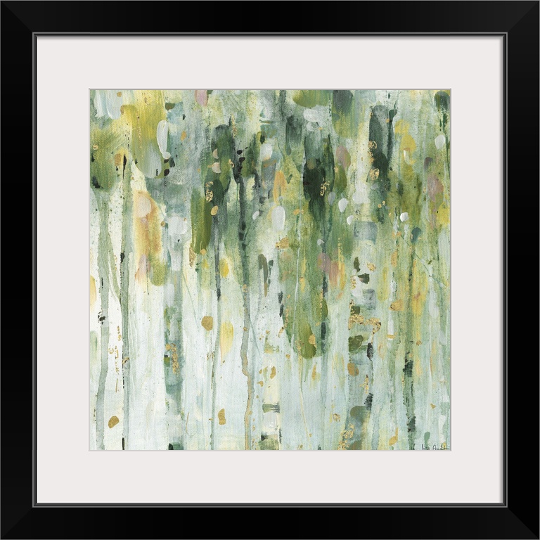 Square contemporary abstract painting with lines of green, blue, yellow, and gold hues running vertically on the canvas re...