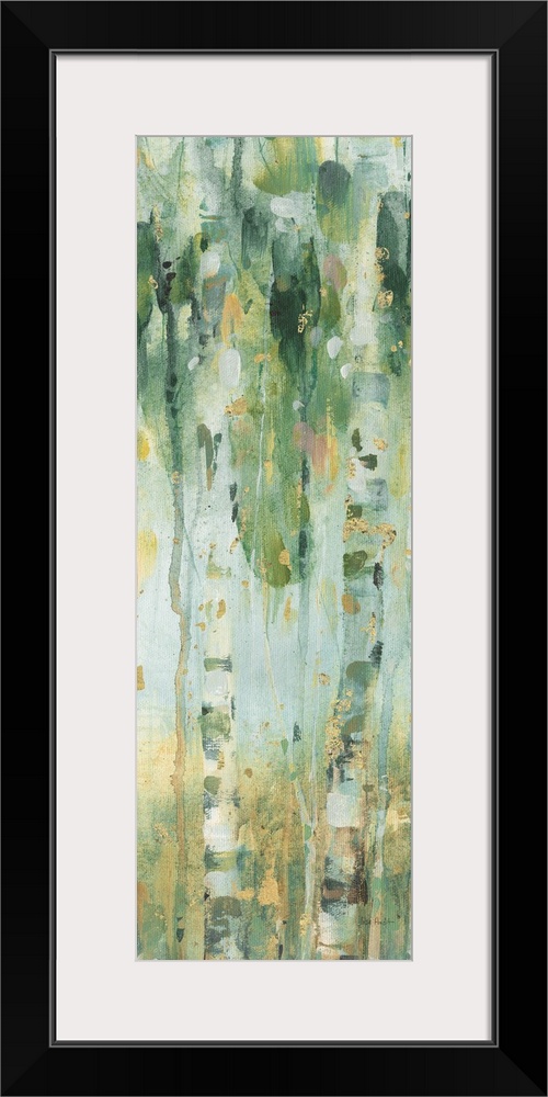 Tall and skinny vertical contemporary abstract painting with lines of green, blue, yellow, and gold hues running verticall...