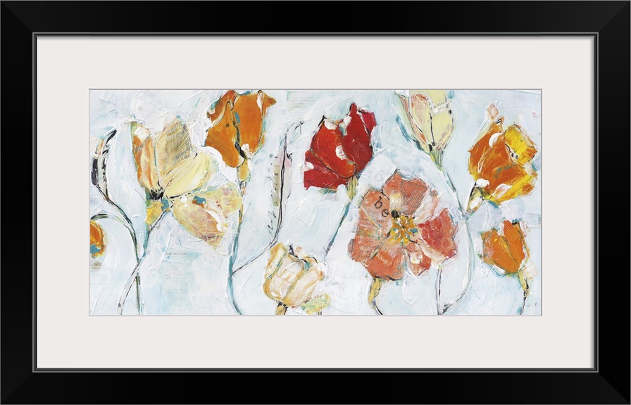 Contemporary painting of muted red an orange flowers against a pale blue background.