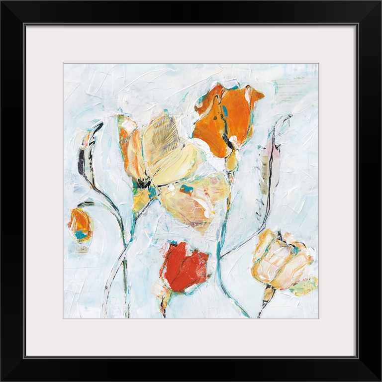 Contemporary painting of a orange and cream colored flowers.