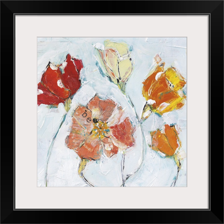 Contemporary painting of a orange and cream colored flowers.