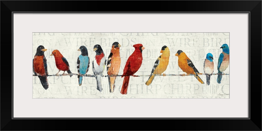 This panoramic shaped painting shows North American birds lined up while perched on a thin line.