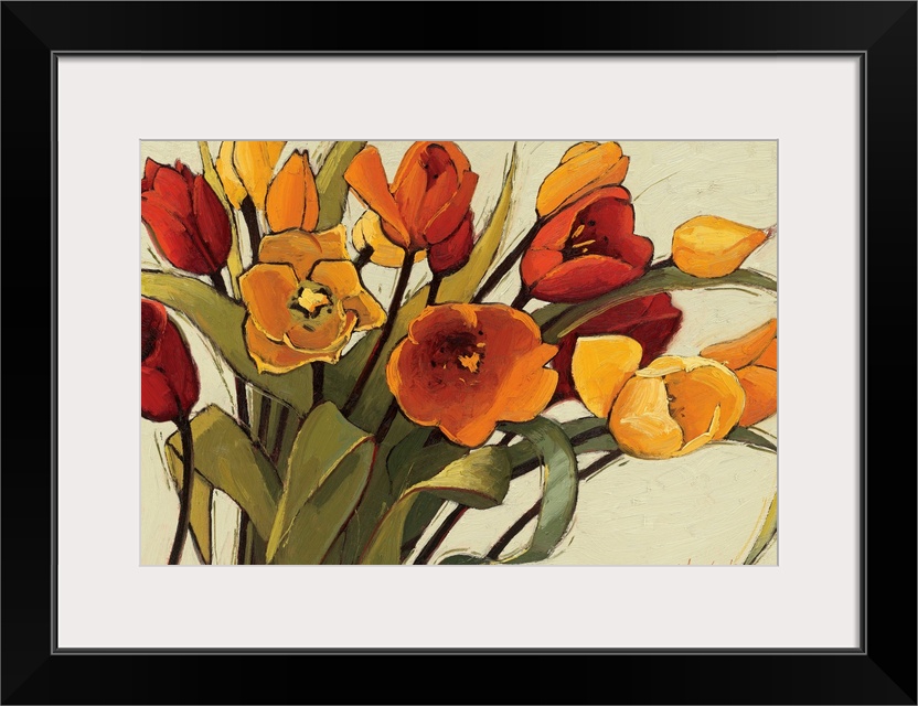 A horizontal painting that is a close up of a floral arrangement with warm, sunshiny colors.