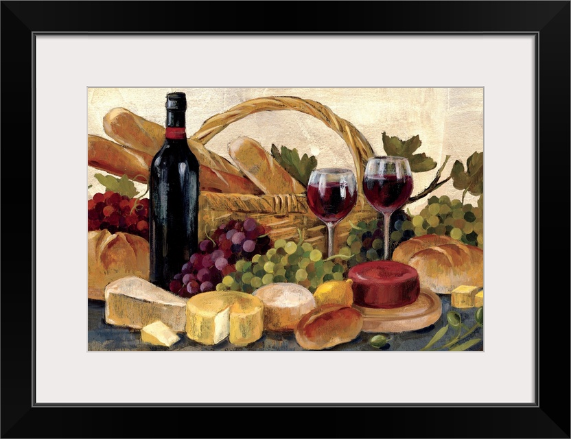 A transitional style still life of a basket of bread, cheese, wine and bunches of grapes. This mediterranean inspired imag...