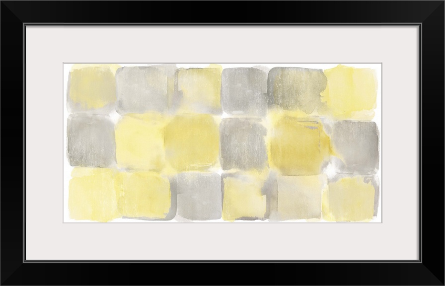 Watercolor abstract painting of yellow and grey squares.