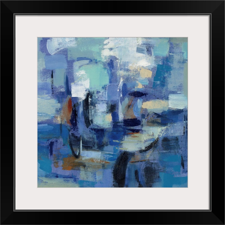 Contemporary abstract painting using a multitude of blue tones and bold textures.