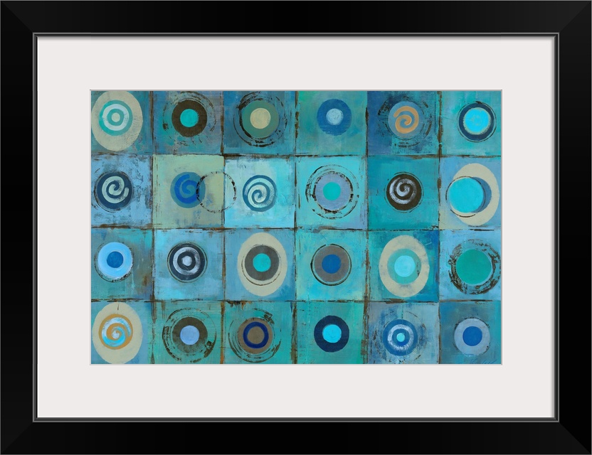 A decorative accent for the home or office this horizontal painting shows a grid of twenty-six circles and spiral shapes i...