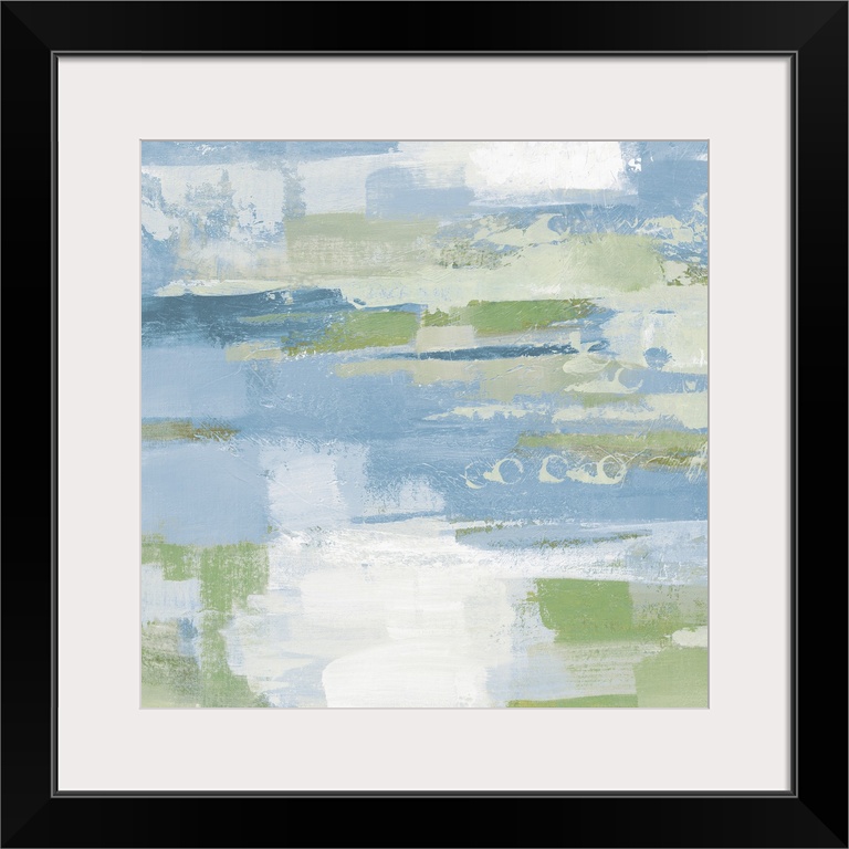 A square abstract painting of horizontal brush strokes in textured tones of blue, green and white.
