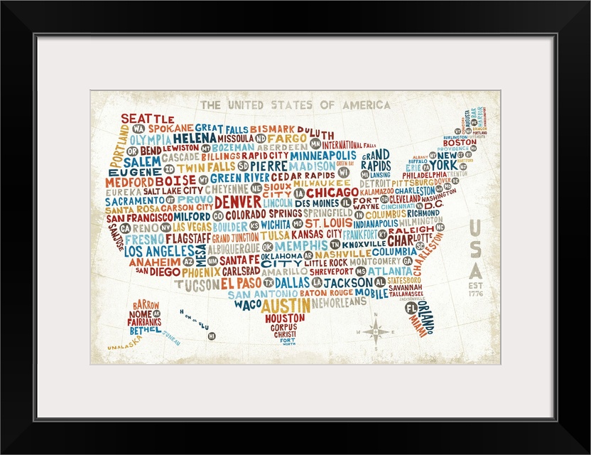 A map of the United States with the names of large cities in colorful text.