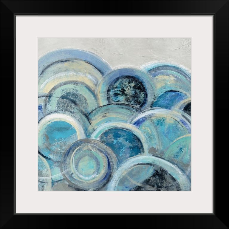 Abstract painting with circular shapes layered on top of each other in shades of blue with some yellow on a grey, square b...