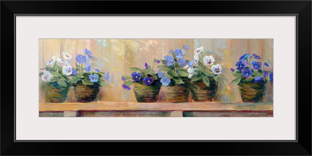 Panoramic floral art shows six potted flowers of varying color as they sit quietly on a shelf.