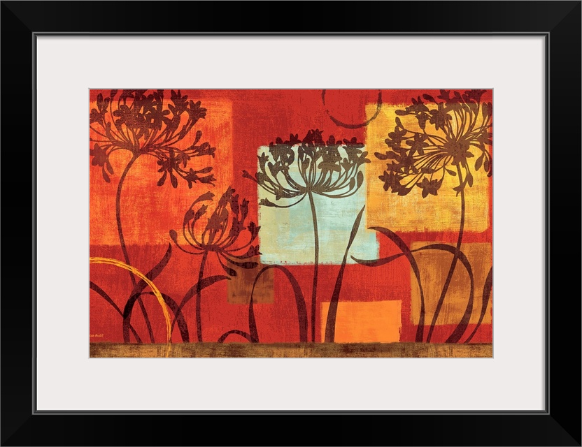 Giant, horizontal home art docor.  Four dark flowers in front of squares of various sizes and colors, on a warm, rust back...