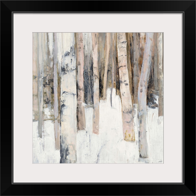 Square abstract painting of birch trees in the woods covered in snow with warm tones.