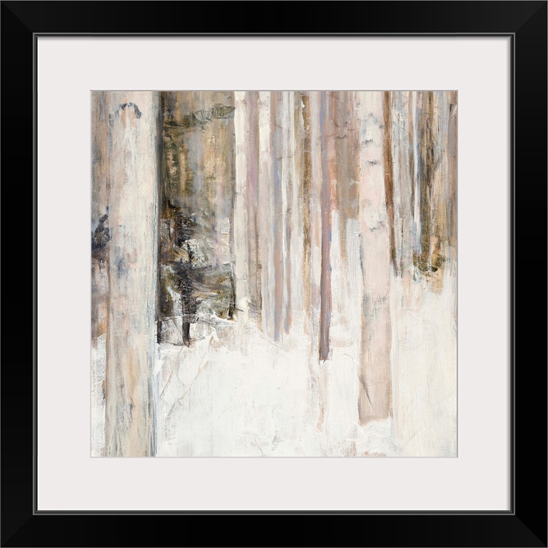 Square abstract painting of birch trees in the woods covered in snow with warm tones.