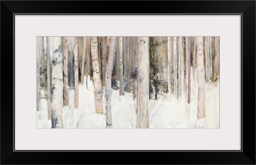 Abstract painting of birch trees in the woods covered in snow with warm tones.