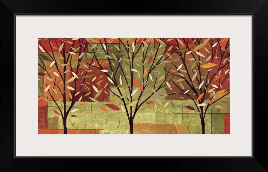 Landscape, big home art docor of three side by side, contemporary trees with scattered, falling, autumn colored leaves.  O...