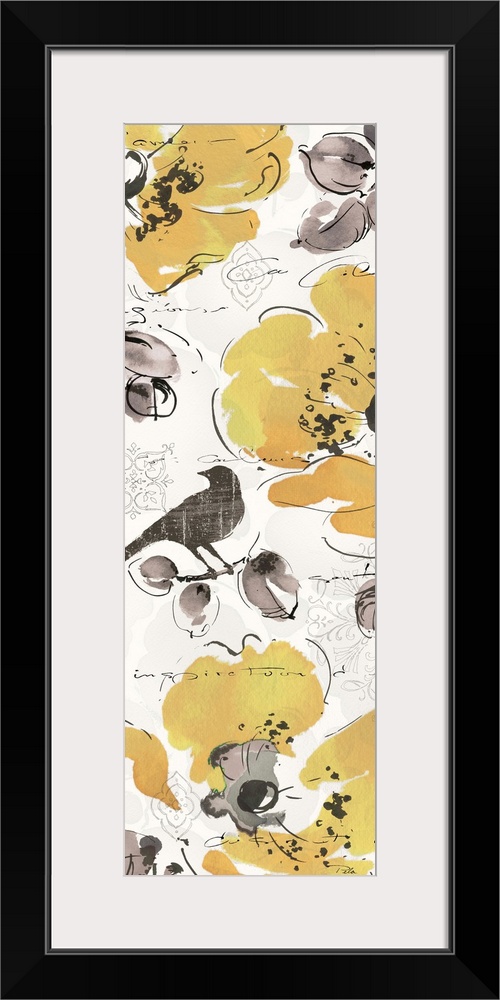Watercolor painting of yellow flowers with grey birds and leaves.